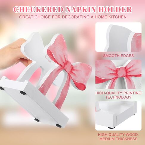 حامل منديل Marsui Pink Bow للطاولة اللطيفة الخشبية المستقيمة Coquette Bow Bow Holder for Table & Countertop Kitchen Mitteright Paper Storage Suitage for Party in Saudi Arabia