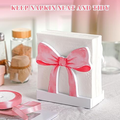 حامل منديل Marsui Pink Bow للطاولة اللطيفة الخشبية المستقيمة Coquette Bow Bow Holder for Table & Countertop Kitchen Mitteright Paper Storage Suitage for Party in Saudi Arabia