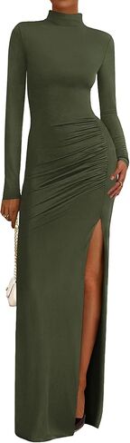 BTFBM Women's Formal Dresses 2025 Fall Long Sleeve Mock Neck Ruched Bodycon Slit Maxi Wedding Guest Cocktail Dress in Saudi Arabia