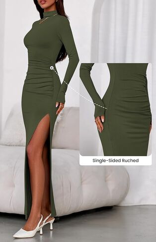 BTFBM Women's Formal Dresses 2025 Fall Long Sleeve Mock Neck Ruched Bodycon Slit Maxi Wedding Guest Cocktail Dress in Saudi Arabia