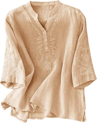 MakeMeChic Women's Boho Blouses Notch V Neck Embroidery 3/4 Sleeve Shirt Tops in Kuwait
