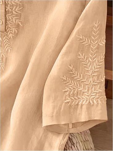 MakeMeChic Women's Boho Blouses Notch V Neck Embroidery 3/4 Sleeve Shirt Tops in Kuwait