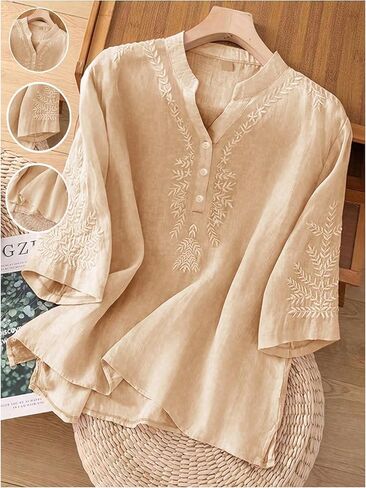 MakeMeChic Women's Boho Blouses Notch V Neck Embroidery 3/4 Sleeve Shirt Tops in Kuwait