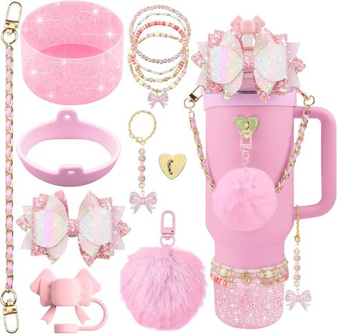 12PCS Accessories for Stanley Cup 40oz&30oz Tumbler Accessories including Silicone Cute Pink Bow Straw Topper Cover Silicone Stanley Boot Leather Bottle Handle Strap Bracelet Y2K Pink Charms in Kuwait