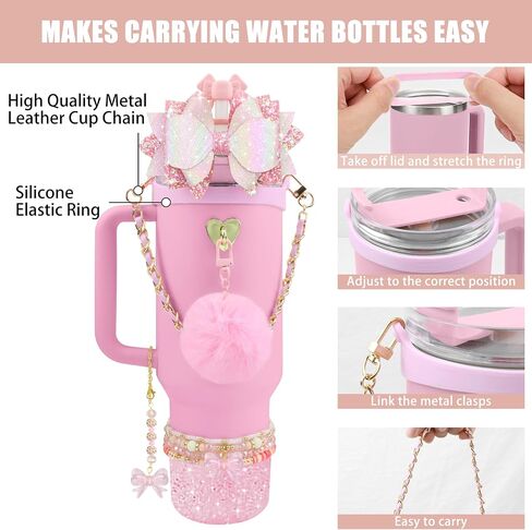 12PCS Accessories for Stanley Cup 40oz&30oz Tumbler Accessories including Silicone Cute Pink Bow Straw Topper Cover Silicone Stanley Boot Leather Bottle Handle Strap Bracelet Y2K Pink Charms in Kuwait
