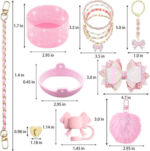 12PCS Accessories for Stanley Cup 40oz&30oz Tumbler Accessories including Silicone Cute Pink Bow Straw Topper Cover Silicone Stanley Boot Leather Bottle Handle Strap Bracelet Y2K Pink Charms in Kuwait