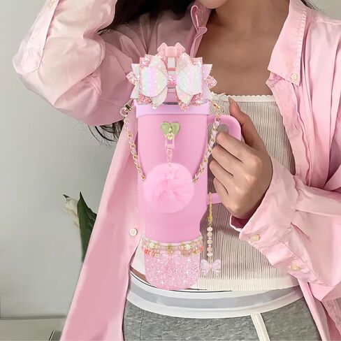 12PCS Accessories for Stanley Cup 40oz&30oz Tumbler Accessories including Silicone Cute Pink Bow Straw Topper Cover Silicone Stanley Boot Leather Bottle Handle Strap Bracelet Y2K Pink Charms in Kuwait