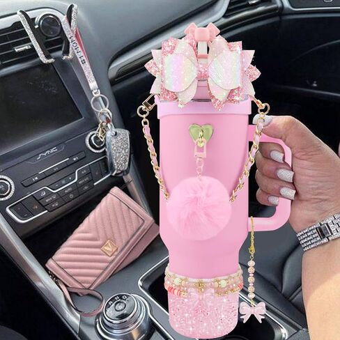 12PCS Accessories for Stanley Cup 40oz&30oz Tumbler Accessories including Silicone Cute Pink Bow Straw Topper Cover Silicone Stanley Boot Leather Bottle Handle Strap Bracelet Y2K Pink Charms in Kuwait