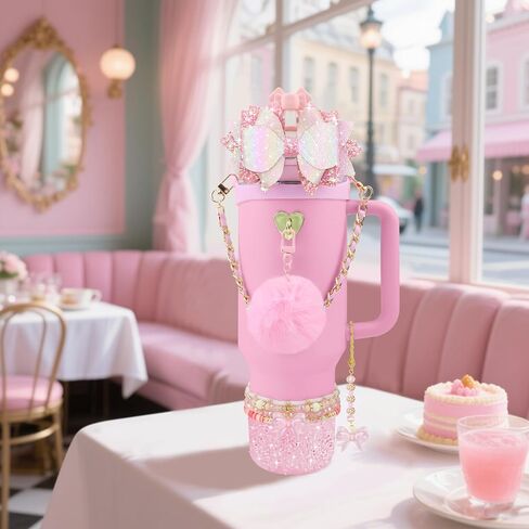 12PCS Accessories for Stanley Cup 40oz&30oz Tumbler Accessories including Silicone Cute Pink Bow Straw Topper Cover Silicone Stanley Boot Leather Bottle Handle Strap Bracelet Y2K Pink Charms in Kuwait