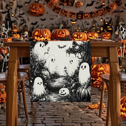 GPGHE Halloween Table Runner Black Ghost Holiday Burlap Table Decoration Indoor Outdoor Home Decor Party Supply 13 x 72 Inch in Saudi Arabia