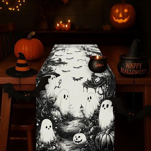 GPGHE Halloween Table Runner Black Ghost Holiday Burlap Table Decoration Indoor Outdoor Home Decor Party Supply 13 x 72 Inch in Saudi Arabia