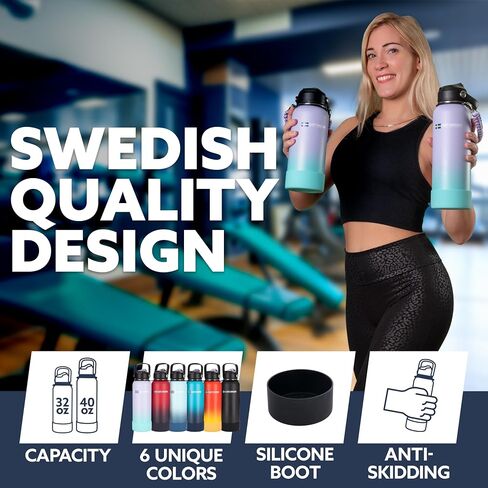 LUFT SWEDEN 32 oz Insulated Stainless Steel Water Bottle – Leakproof, BPA-Free, Reusable Gym Bottle with Straw Lid | Dishwasher Safe, Double Wall Water Bottle for Cold Drinks – Matte Black in Saudi Arabia