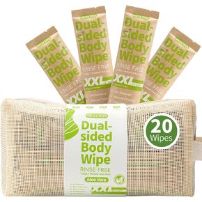 Body Wipes for Adults Bathing No Rinse - Dual-sided Shower Wipe for Women & Men, Aloe Vera Biodegradable Large Body Cleansing Wipes Individually Wrapped with Bag for Travel, Camping, Gym (20 Count) in Saudi Arabia