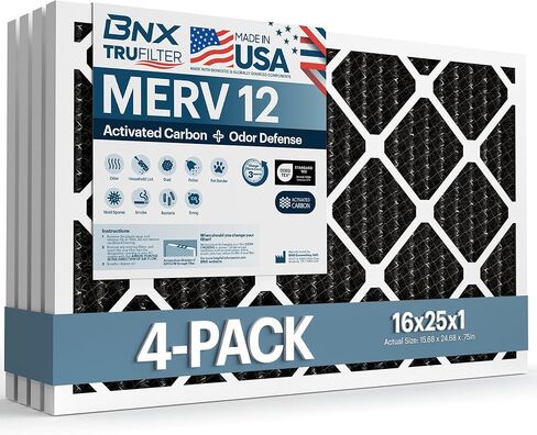 BNX TruFilter 16x25x1 MERV 12 Odor Defense (4-Pack) AC Furnace Air Filter with Activated Carbon - MADE IN USA - Pleated Air Conditioner HVAC AC Furnace Filters - Removes Odor, Mold, Bacteria, Smoke in Kuwait