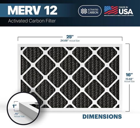 BNX TruFilter 16x25x1 MERV 12 Odor Defense (4-Pack) AC Furnace Air Filter with Activated Carbon - MADE IN USA - Pleated Air Conditioner HVAC AC Furnace Filters - Removes Odor, Mold, Bacteria, Smoke in Kuwait