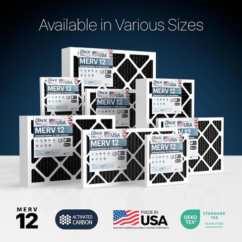 BNX TruFilter 16x25x1 MERV 12 Odor Defense (4-Pack) AC Furnace Air Filter with Activated Carbon - MADE IN USA - Pleated Air Conditioner HVAC AC Furnace Filters - Removes Odor, Mold, Bacteria, Smoke in Kuwait