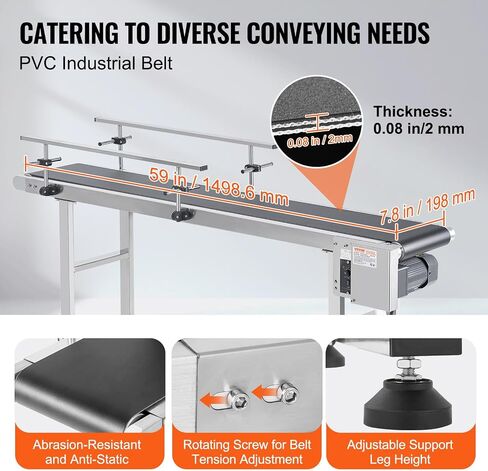 HappyBuy Belt Conveyor 59 × 7.8 بوصة الجدول الناقل الناقل الناقل ذو الفولاذ المقاوم للصدأ من الفولاذ المقاوم للصدأ لتطبيقات ترميز الحبر التي تعمل بالمطاط PVC مضاد ثابت (درابزين مزدوج) in Saudi Arabia