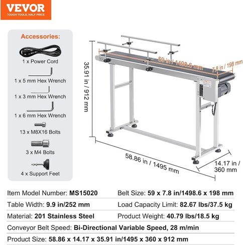 HappyBuy Belt Conveyor 59 × 7.8 بوصة الجدول الناقل الناقل الناقل ذو الفولاذ المقاوم للصدأ من الفولاذ المقاوم للصدأ لتطبيقات ترميز الحبر التي تعمل بالمطاط PVC مضاد ثابت (درابزين مزدوج) in Saudi Arabia