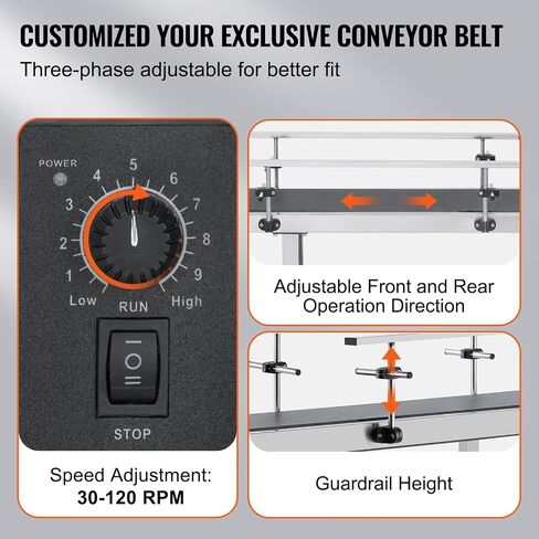 HappyBuy Belt Conveyor 59 × 7.8 بوصة الجدول الناقل الناقل الناقل ذو الفولاذ المقاوم للصدأ من الفولاذ المقاوم للصدأ لتطبيقات ترميز الحبر التي تعمل بالمطاط PVC مضاد ثابت (درابزين مزدوج) in Saudi Arabia