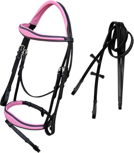 Exion Pink English Bridle for Horses | Anatomic Snaffle Noseband & Browband Jumping English Bridle with Flash and Rubber Reins. in Saudi Arabia