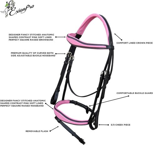 Exion Pink English Bridle for Horses | Anatomic Snaffle Noseband & Browband Jumping English Bridle with Flash and Rubber Reins. in Saudi Arabia