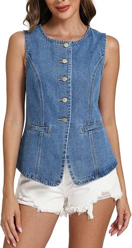 Ladyful Womens Denim Vest Top Jean Vest Tank Top Sleeveless Blazer Boat Neck Summer Western Waistcoat with Pockets in Saudi Arabia