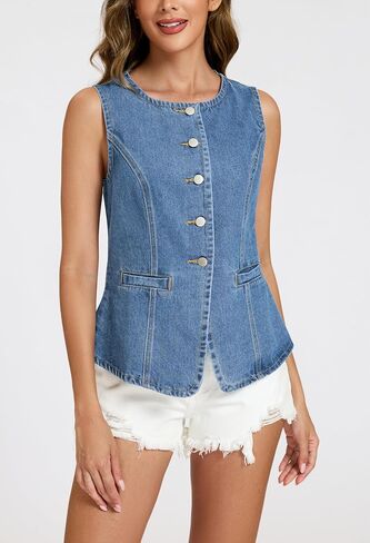 Ladyful Womens Denim Vest Top Jean Vest Tank Top Sleeveless Blazer Boat Neck Summer Western Waistcoat with Pockets in Saudi Arabia
