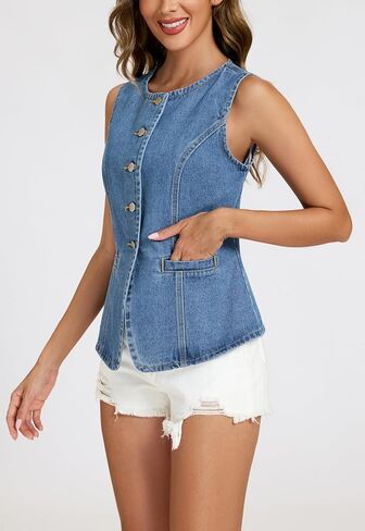 Ladyful Womens Denim Vest Top Jean Vest Tank Top Sleeveless Blazer Boat Neck Summer Western Waistcoat with Pockets in Saudi Arabia