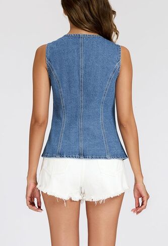 Ladyful Womens Denim Vest Top Jean Vest Tank Top Sleeveless Blazer Boat Neck Summer Western Waistcoat with Pockets in Saudi Arabia