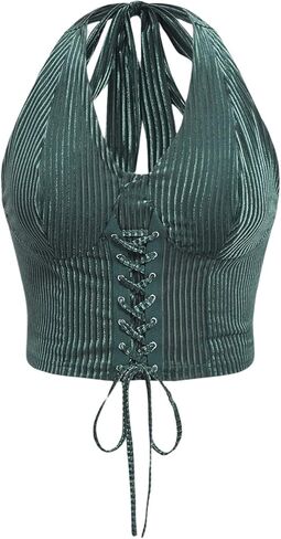 WDIRARA Women's Plus Size Lace Up Front Halter Tank Tops Slim Fit Crop Tee in Kuwait