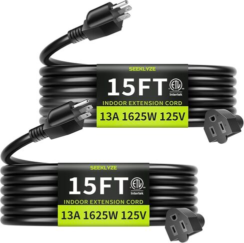 16/3 Black 15 FT (2Pack) Extension Cord, Indoor Extension Cord for Laptops, Coffee Makers, Office Home Appliances, 3 Prong Resistant Cable Flexible, 13A 125V 1625W ETL Listed in Saudi Arabia