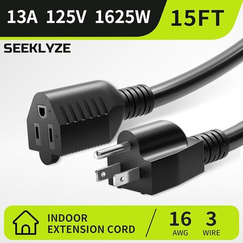 16/3 Black 15 FT (2Pack) Extension Cord, Indoor Extension Cord for Laptops, Coffee Makers, Office Home Appliances, 3 Prong Resistant Cable Flexible, 13A 125V 1625W ETL Listed in Saudi Arabia