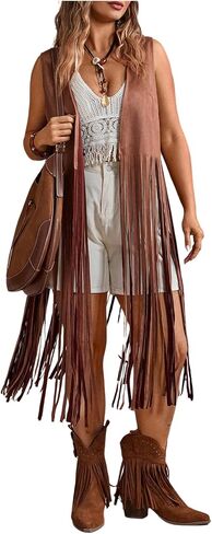 Women's Plus Size Western Fringe Vest Boho Tassel Cowgirl Sleeveless Jackets Outerwear in Saudi Arabia