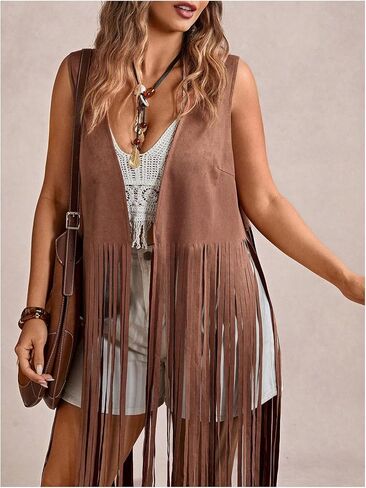 Women's Plus Size Western Fringe Vest Boho Tassel Cowgirl Sleeveless Jackets Outerwear in Saudi Arabia