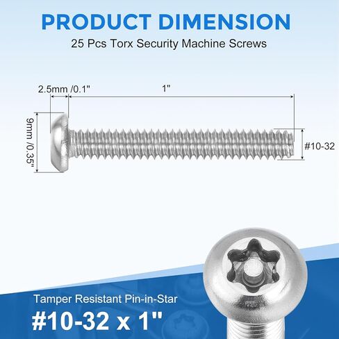 Uxcell 25pcs #10-32 × 1 مسامير آلة أمان Torx ، 304 مسامير رأس الفولاذ المقاوم للصدأ مقاوم للعبث مقاوم للملفقة المضادة للسرقة ، والفضة in Saudi Arabia