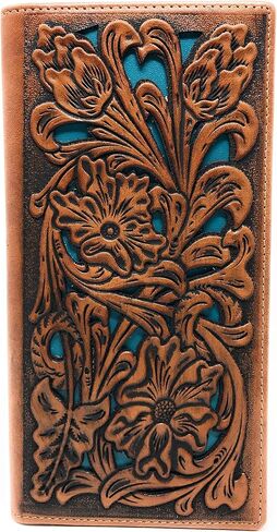 Western Genuine Leather Tooled Laser Cut Basketweave Men's Long Bifold Wallet in 8 colors (Coffee/Beige) in Saudi Arabia