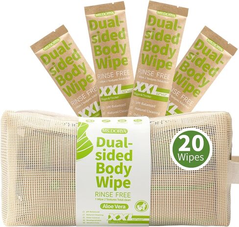 Body Wipes for Adults Bathing No Rinse - Dual-sided Shower Wipe for Women & Men, Aloe Vera Biodegradable Large Body Cleansing Wipes Individually Wrapped with Bag for Travel, Camping, Gym (20 Count) in Saudi Arabia