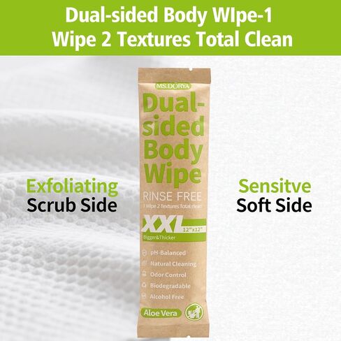 Body Wipes for Adults Bathing No Rinse - Dual-sided Shower Wipe for Women & Men, Aloe Vera Biodegradable Large Body Cleansing Wipes Individually Wrapped with Bag for Travel, Camping, Gym (20 Count) in Saudi Arabia