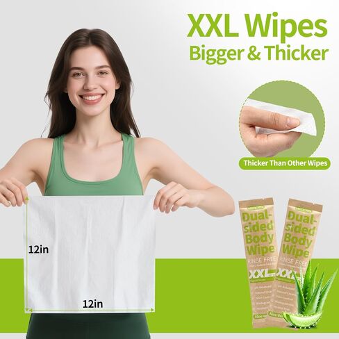 Body Wipes for Adults Bathing No Rinse - Dual-sided Shower Wipe for Women & Men, Aloe Vera Biodegradable Large Body Cleansing Wipes Individually Wrapped with Bag for Travel, Camping, Gym (20 Count) in Saudi Arabia