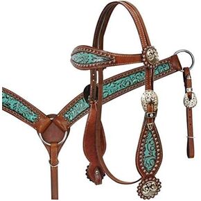 Showman Teal & Brown Filigree Headstall & Breast Collar Set w/Reins in Saudi Arabia