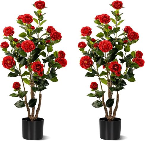 Artificial Camellia Tree 2 Pack, Artificial Plants Outdoor Faux Floral Plant in Cement Pot Fake White Silk Camellia Tree Plants for Home House Living Room Office Decor (White) in Saudi Arabia