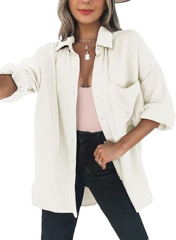 Dokotoo Womens Color Block Button Down Shirts Long Sleeve Oversized Boyfriend Blouses Tops in Kuwait