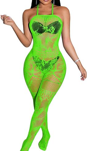 Women's Sexy Lingerie Bodystocking Fits 0-18, Halter Cutout Fishnet Bodysuit Club Rave Outfits in Saudi Arabia
