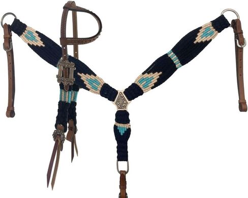 Showman Black, Teal & Peach Corded Single Ear Headstall & Breast Collar Set in Saudi Arabia