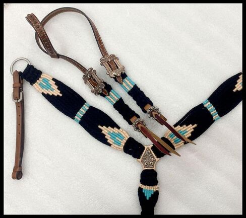 Showman Black, Teal & Peach Corded Single Ear Headstall & Breast Collar Set in Saudi Arabia
