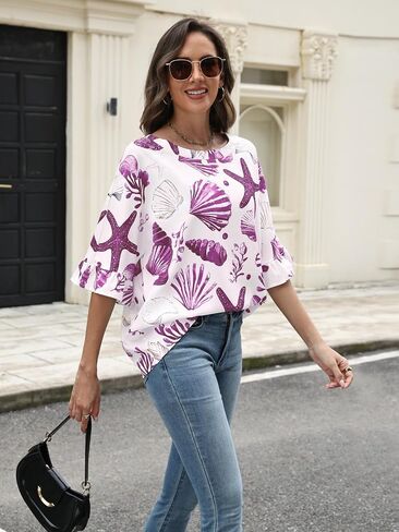 Ladies 3/4 Sleeve Tops Plus Size Womens Clothing Cute Summer Outfits for Women Travel Blouse Starfish Design in Saudi Arabia