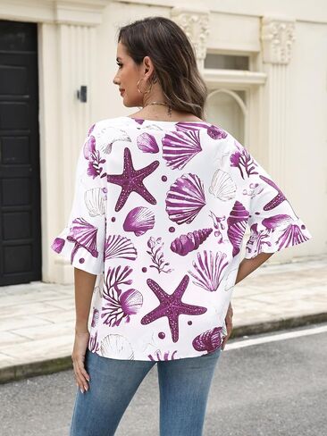 Ladies 3/4 Sleeve Tops Plus Size Womens Clothing Cute Summer Outfits for Women Travel Blouse Starfish Design in Saudi Arabia