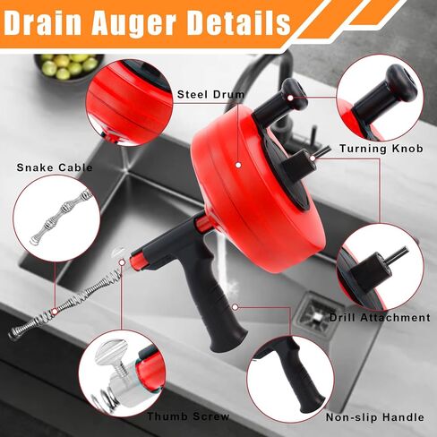 Drain Auger, Clog Remover with Drill Adapter, 50 Feet Flexible Plumbing Snake Use Manually or Powered for Kitchen,Bathrom and Shower Sink, Comes with Work Gloves and Storage Bag in Saudi Arabia