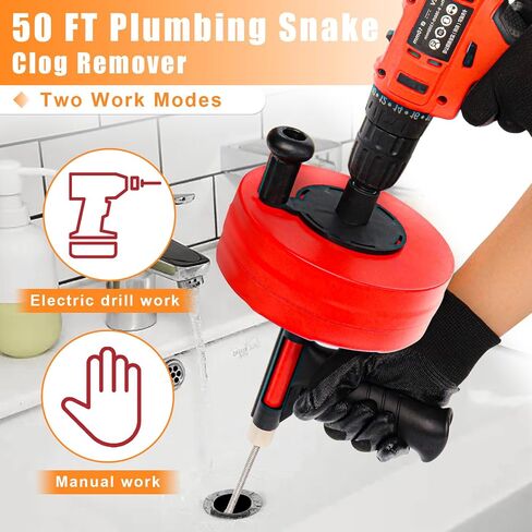 Drain Auger, Clog Remover with Drill Adapter, 50 Feet Flexible Plumbing Snake Use Manually or Powered for Kitchen,Bathrom and Shower Sink, Comes with Work Gloves and Storage Bag in Saudi Arabia