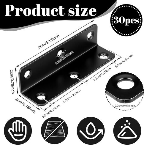30 Pcs 3Inch Stainless Steel Angle Brackets Heavy Duty Black 3.15" x 0.78" L Shape Corner Brackets for Wood, Metal L Right Angle Bracket Hardware for Bed Frame Wooden Furniture Bookshelf in Saudi Arabia